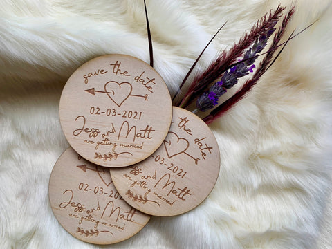 Timber engraved wooden save the dates