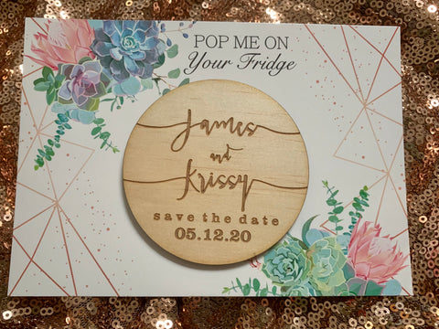 Wooden engraved save the date magnet with blush floral backing card