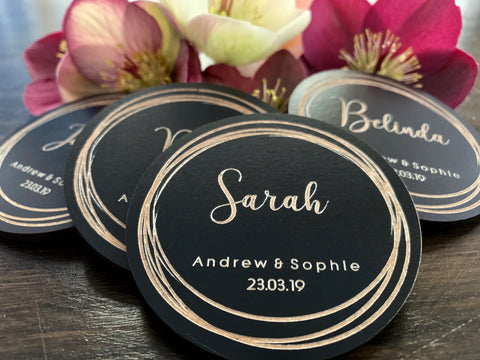 Black wooden engraved place cards