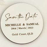 Wooden engraved save the date magnet
