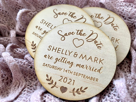 Wooden engraved save the date magnets
