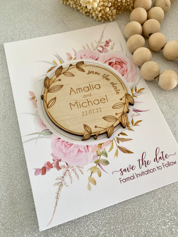 Combined pine save the date magnet and floral backing card