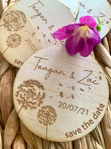 Dandelion engraved wooden save the date magnets