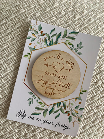 Combined backing card and Wooden save the date magnet