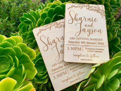 Wooden engraved Timber invitations