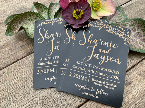 Black wooden engraved wedding Invitations