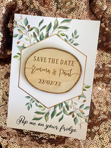 Combined backing card and engraved save the date magnet