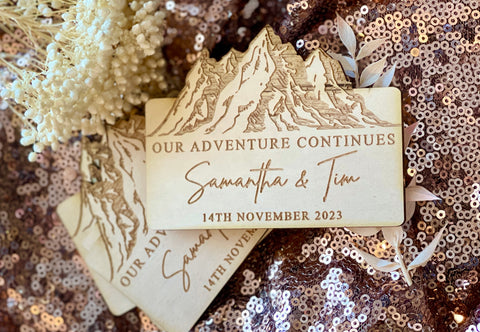 Mountain design engraved cut wooden save the date magnet