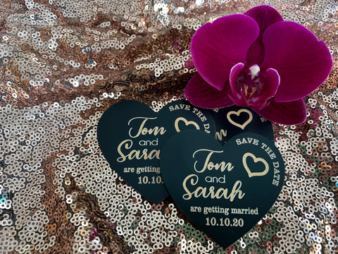 Black engraved heart save the date magnets