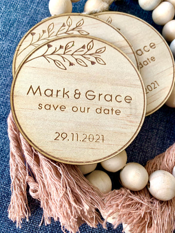 Wooden engraved Save the date magnets