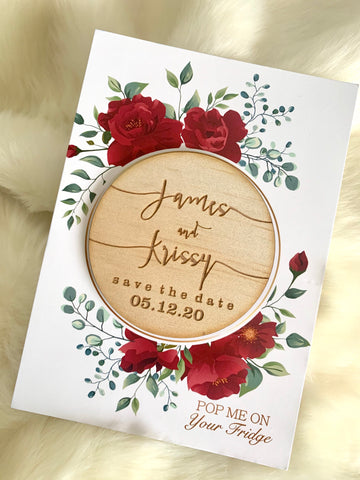 Combined wooden engraved save the date magnet and rose backing card