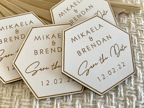 Wooden engraved white save the date magnets