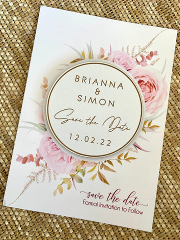 Combined rose backing card and white save the date magnet