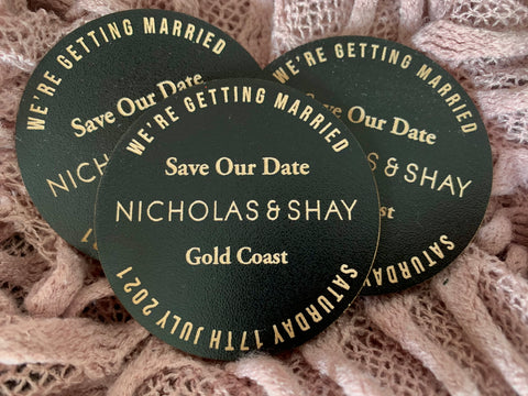 Black wooden engraved Save the date magnets