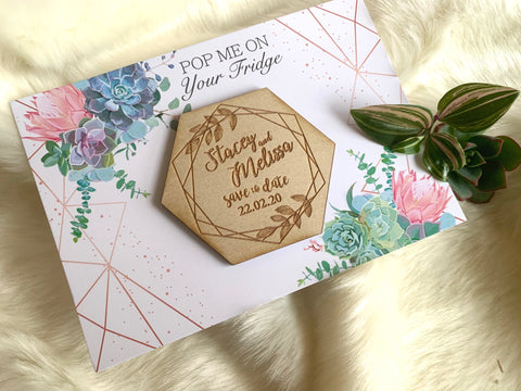 Wooden engraved Save the date magnets combined with Floral backing card